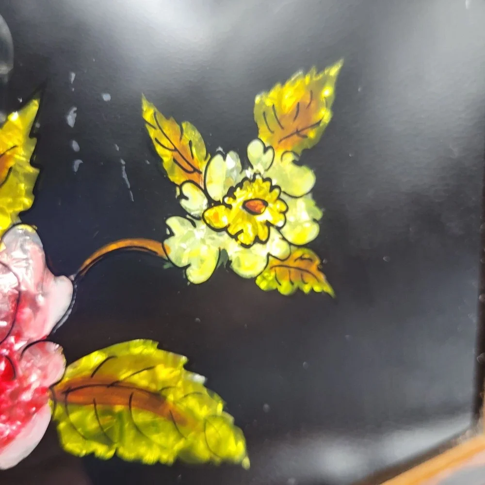 Vintage Handcrafted Box Glass Floral Reverse Painting Top Colorful Hinged